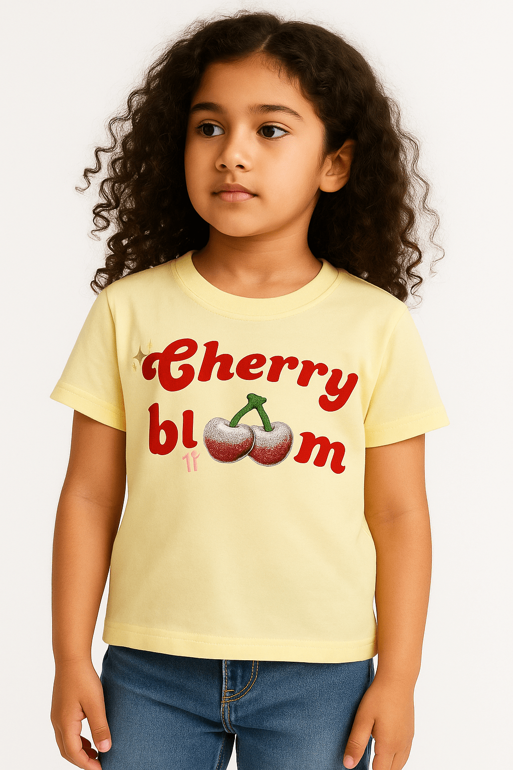 Yellow kids’ t-shirt with cute glitter cherry print and “Cherry Bloom” text – soft cotton summer wear for girls.