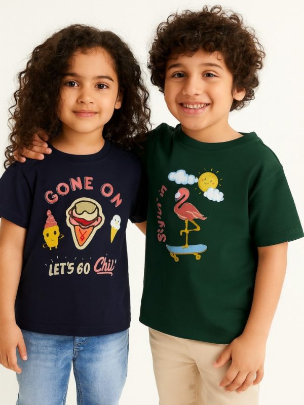 Navy blue kids’ t-shirt with cute ice cream cones and “Cone On Let’s Go Chill” print — fun summer cotton tee for toddlers and kids.