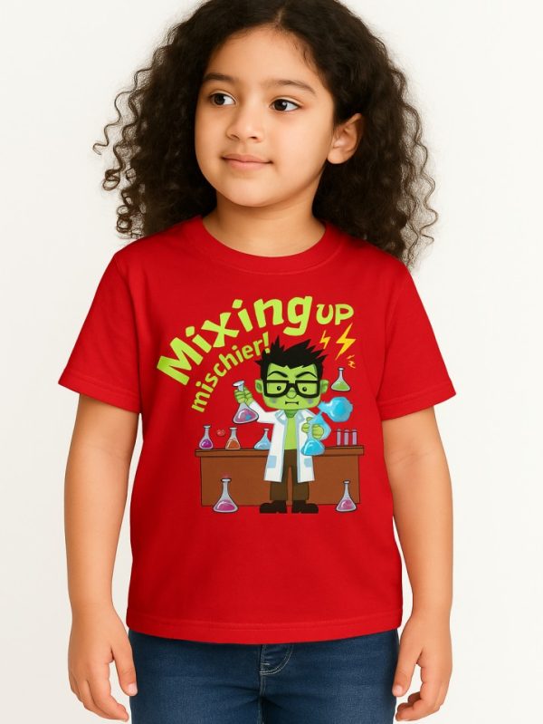 Red kids’ t-shirt featuring cartoon scientist mixing colorful potions – Halloween science theme “Mixing Up Mischief” print.