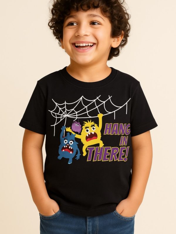 kids’ t-shirt with cartoon monsters hanging from a spider web and “Hang In There” Halloween text — fun festive tee for kids.