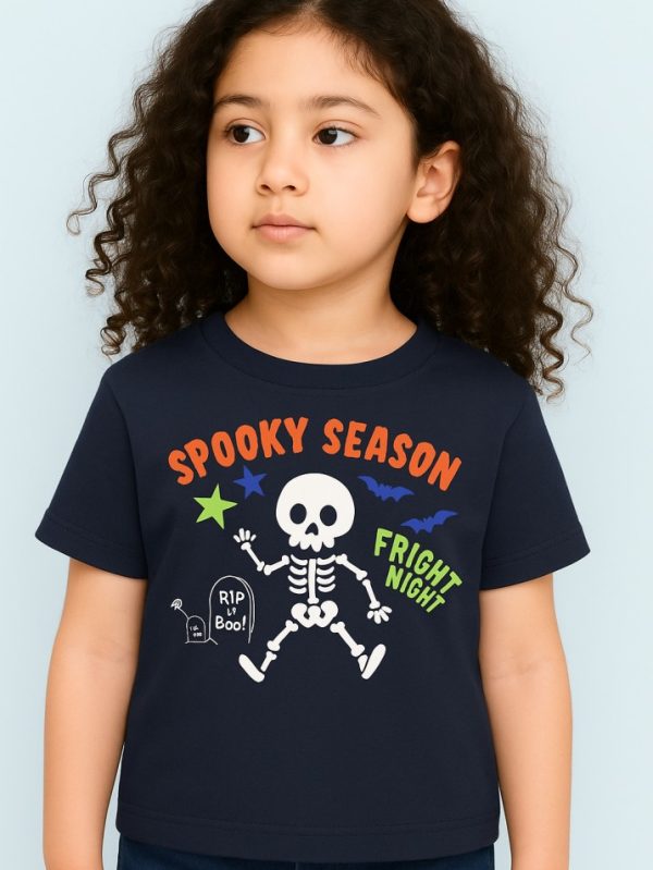 Black kids’ t-shirt with Spooky Season print featuring dancing skeleton, stars, and bats – Halloween theme outfit for toddlers and kids.