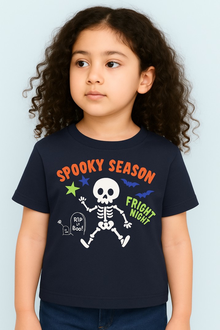 Black kids’ t-shirt with Spooky Season print featuring dancing skeleton, stars, and bats – Halloween theme outfit for toddlers and kids.
