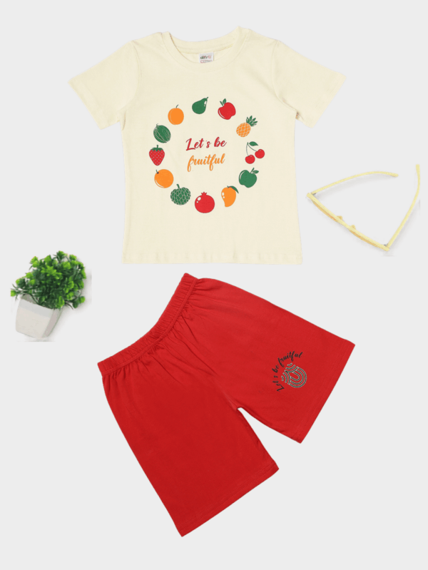 Kids cotton fruit print co-ord set featuring vibrant and fun fruit designs, perfect for boys and girls.