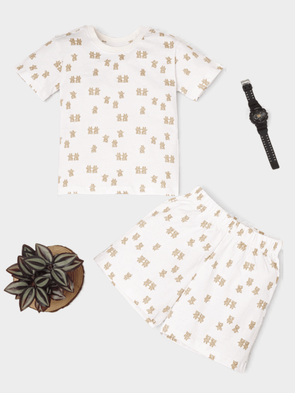 Unisex kids white teddy theme co-ord set made from soft cotton, featuring adorable teddy bear prints for everyday comfort.