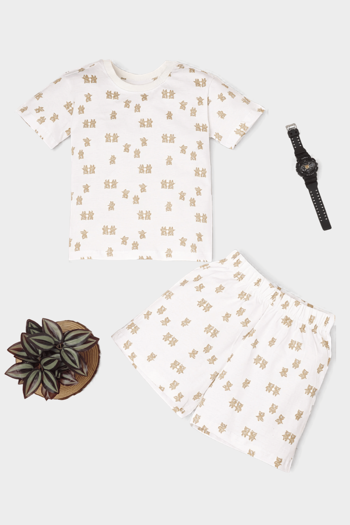 Unisex kids white teddy theme co-ord set made from soft cotton, featuring adorable teddy bear prints for everyday comfort.