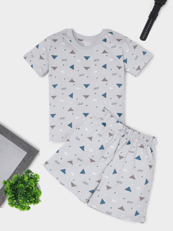 Kids Grey Mini Triangle Cotton Co-ord Set | Unisex Geometric Print Outfit