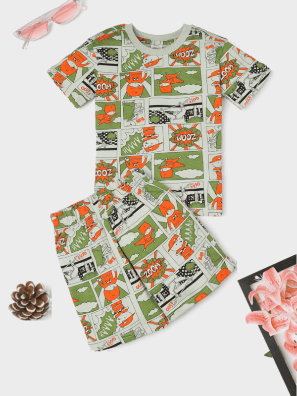 Unisex kids Supercomic theme co-ord set made from soft cotton, featuring vibrant comic-inspired prints for everyday wear
