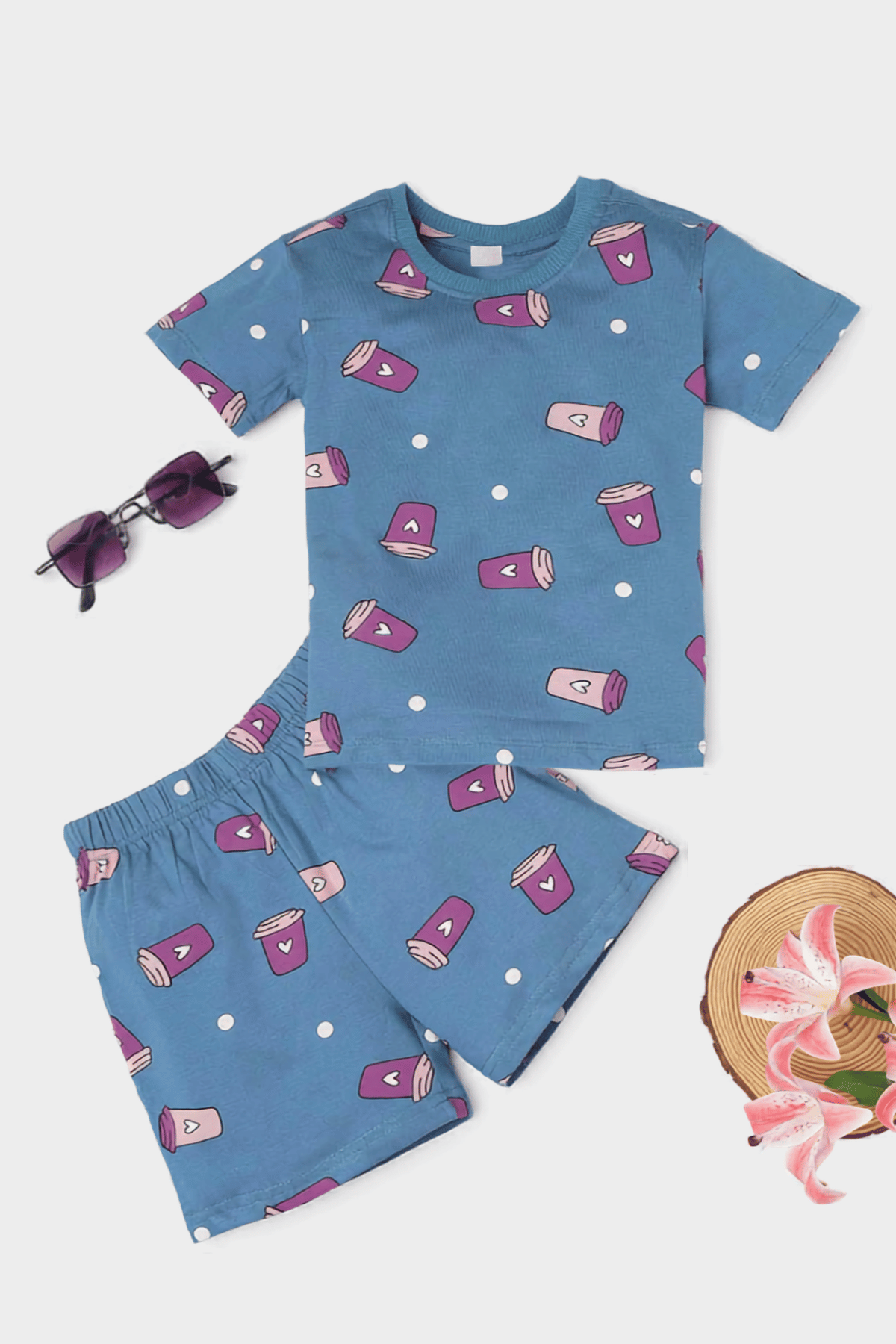 Soft cotton Sweet Sip Heart print co-ord set for children, stylish and breathable casual wear for boys and girls.