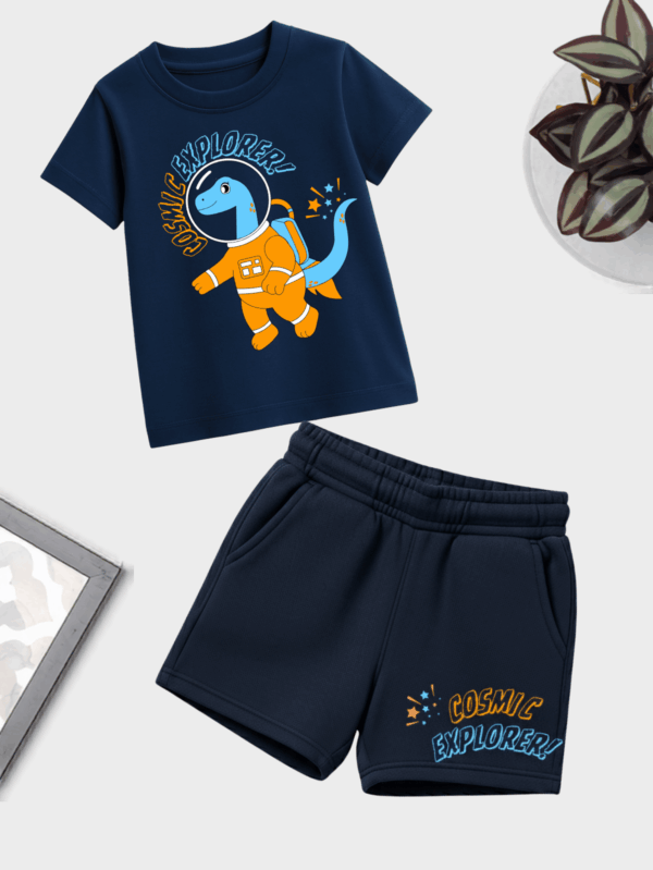 Unisex cotton dino theme co-ord set for kids featuring playful dinosaur print, soft and comfortable everyday wear.