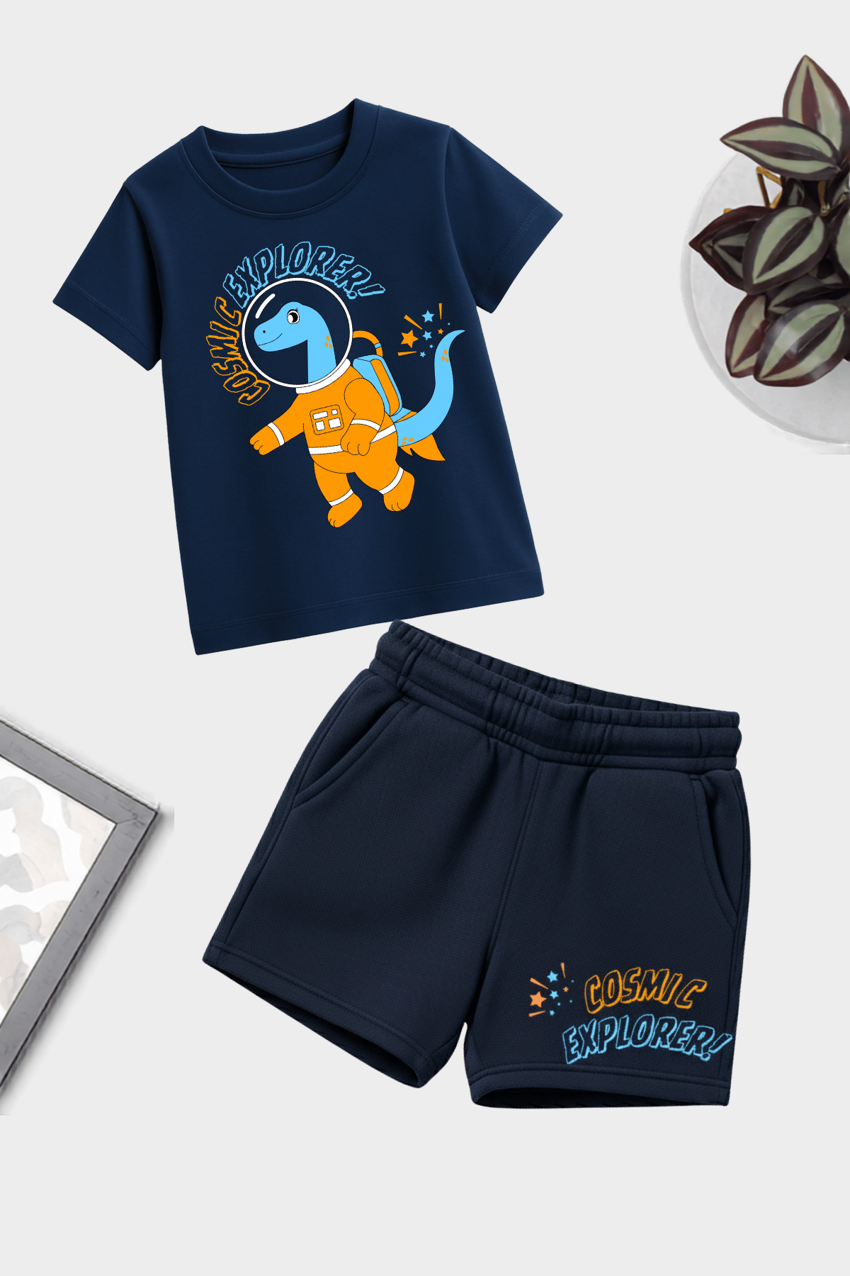 Unisex cotton dino theme co-ord set for kids featuring playful dinosaur print, soft and comfortable everyday wear.