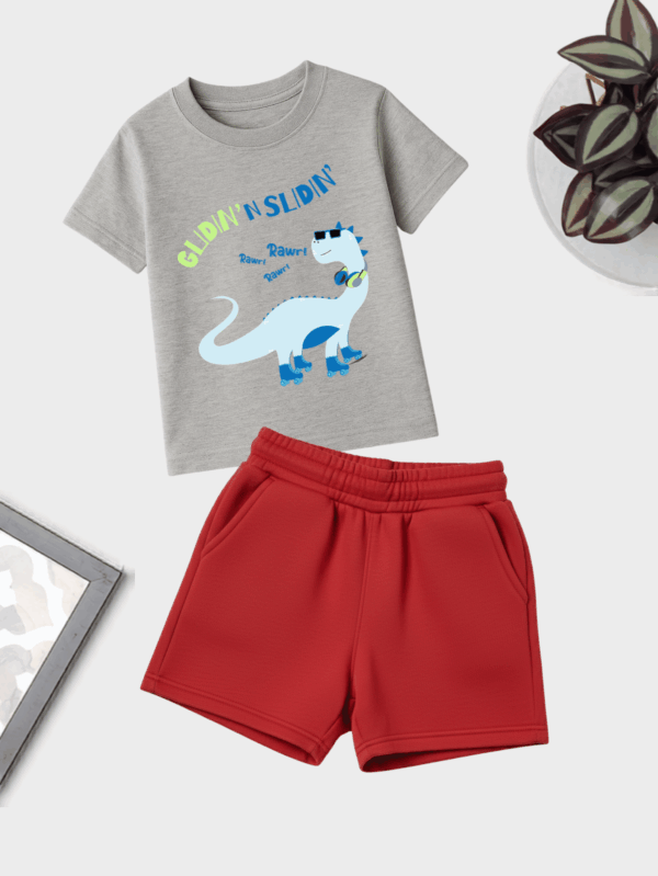 Unisex cotton dino theme co-ord set for kids featuring playful dinosaur print, soft and comfortable everyday wear.