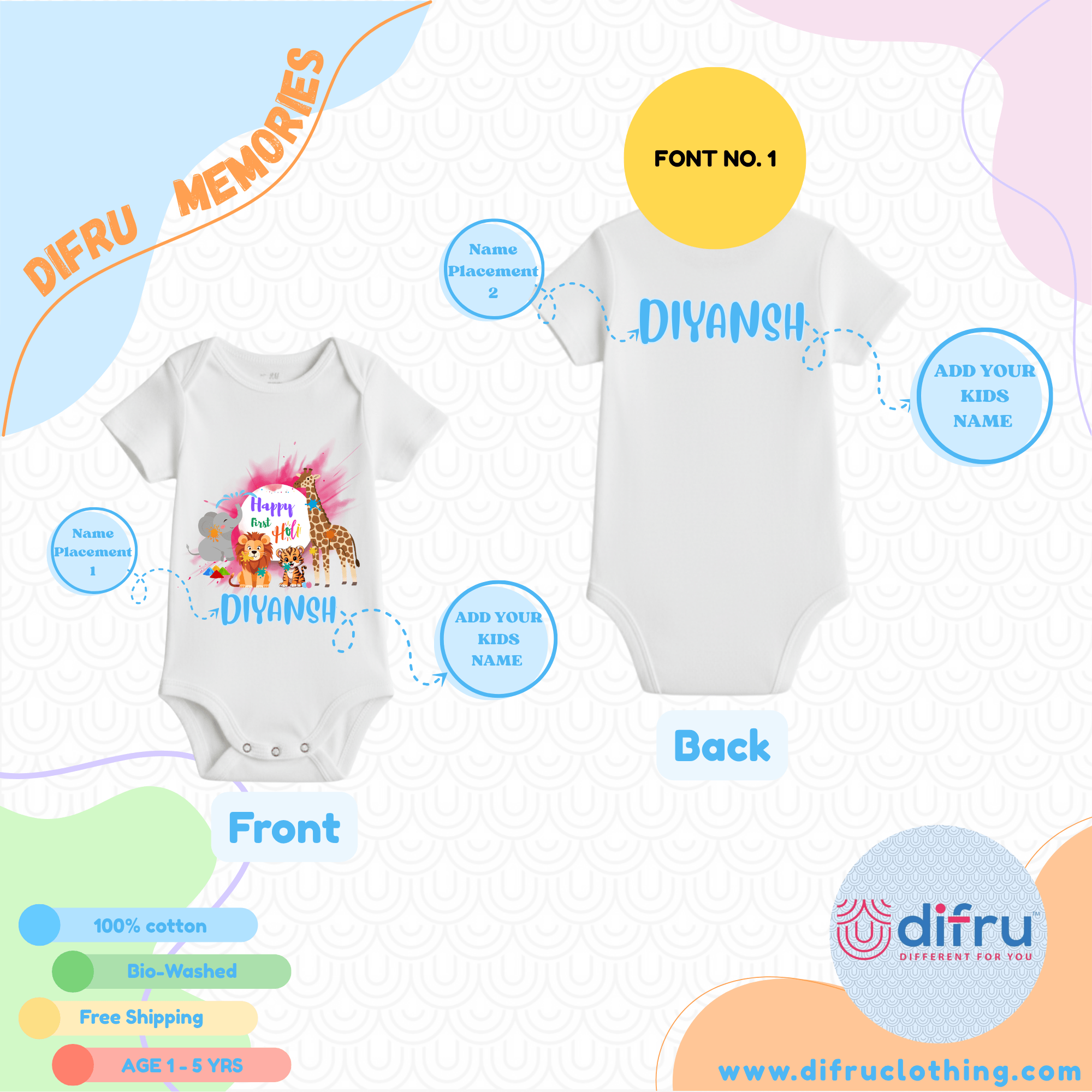 Happy First Holi Jungle Theme Baby Romper – Cute Animal Print Holi Bodysuit - Image 3