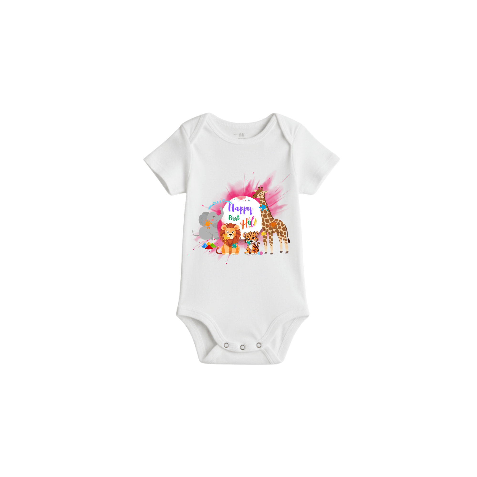 Happy First Holi Jungle Theme Baby Romper – Cute Animal Print Holi Bodysuit