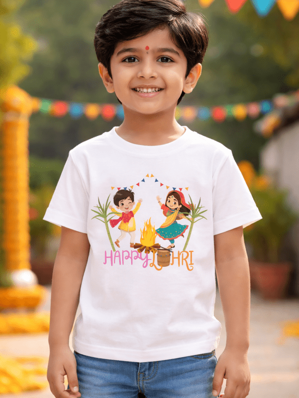 Indian boy wearing Happy Lohri kids cotton T-shirt with festive bonfire design