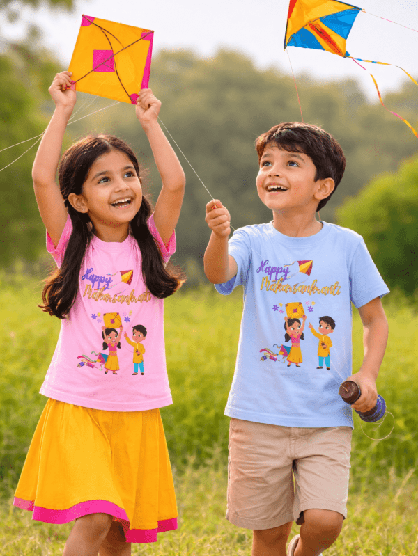 Happy Makar Sankranti kids T-shirt with flying kite design for boys and girls
