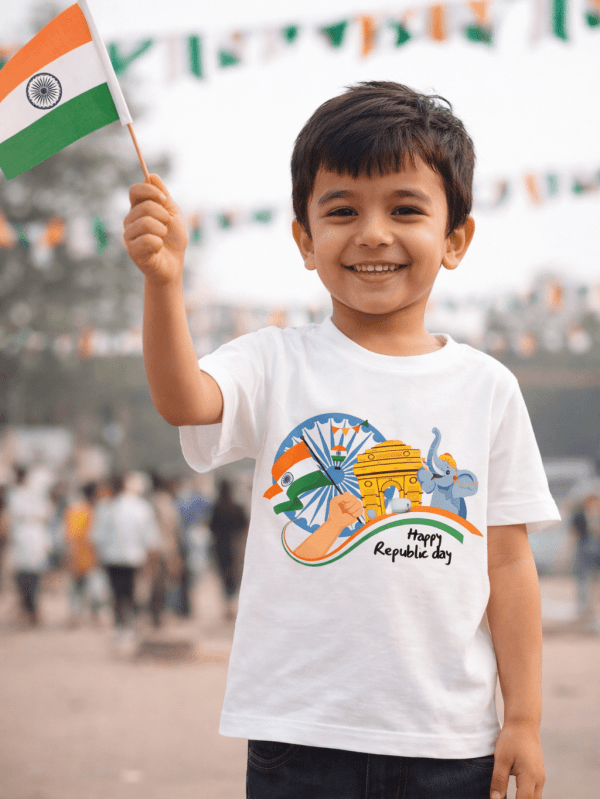 Kid wearing Happy Republic Day T-shirt with Indian flag design and patriotic artwork
