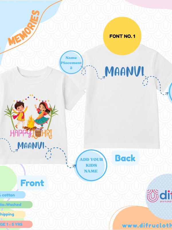 Indian boy wearing Happy Lohri kids cotton T-shirt with festive bonfire design