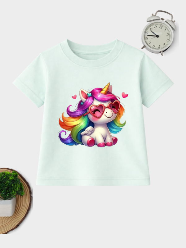 Cute kawaii rainbow unicorn printed on lavender cotton t-shirt for kids.