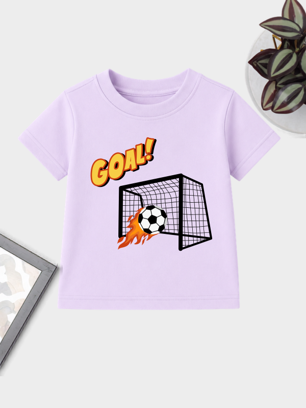 Kids Goal football printed cotton t-shirt with soccer ball entering goal net.