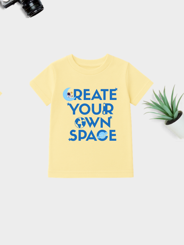 Kids Create Your Own Space printed cotton t-shirt with planet and galaxy design.