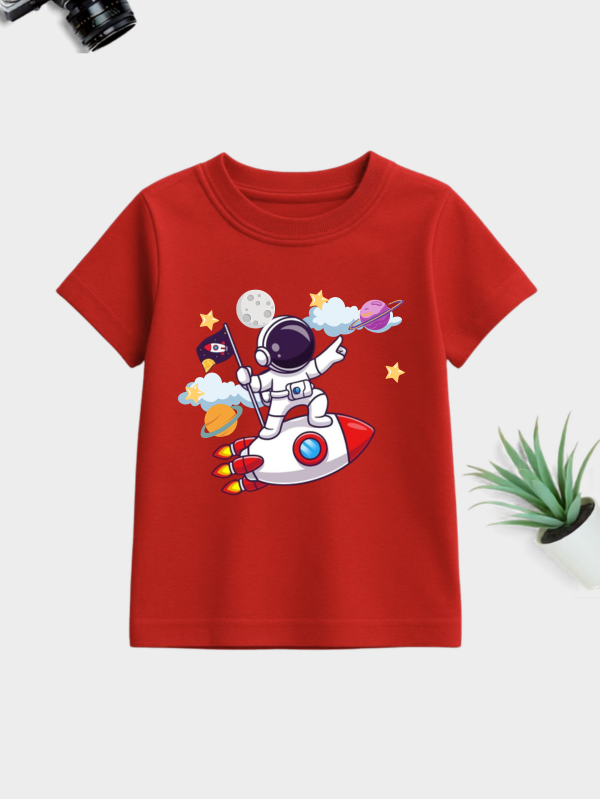 Fun astronaut riding rocket printed cotton t-shirt for kids. Soft, breathable, premium quality and available in 8 vibrant shades.