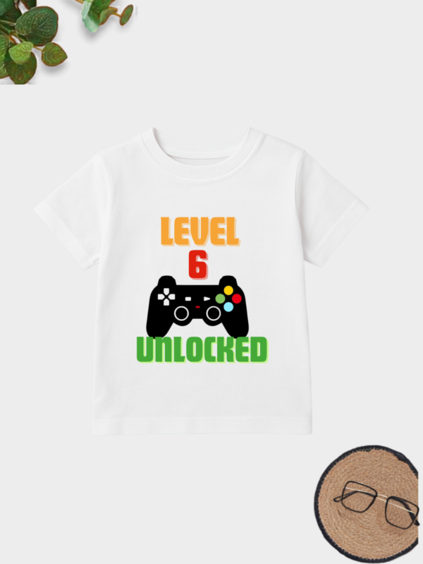 Level 6 Unlocked gaming printed cotton t-shirt for kids.