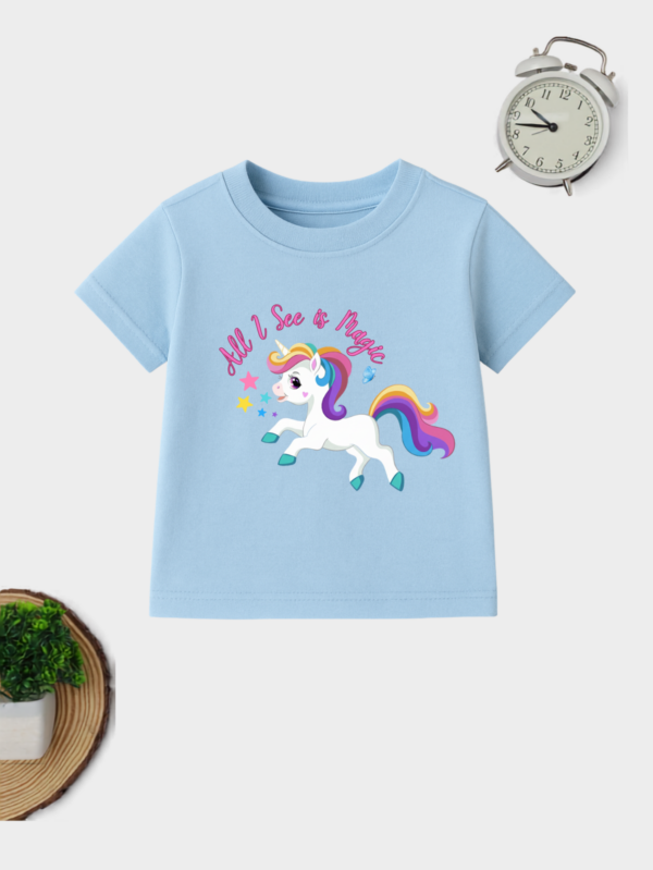 Kids rainbow unicorn printed t-shirt with colorful stars and cute cartoon graphic design