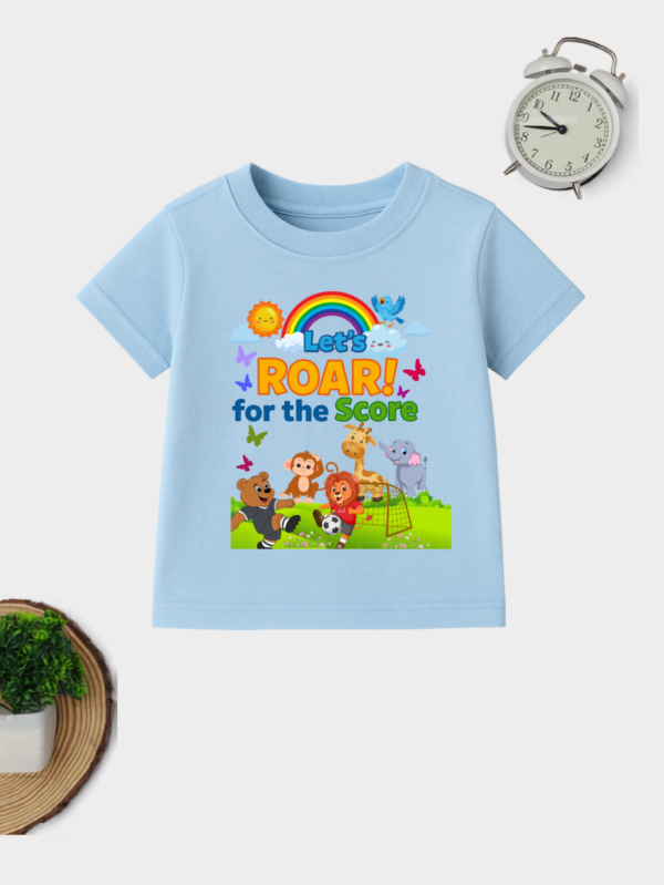 Kids football printed cotton t-shirt with cute jungle animals playing soccer.