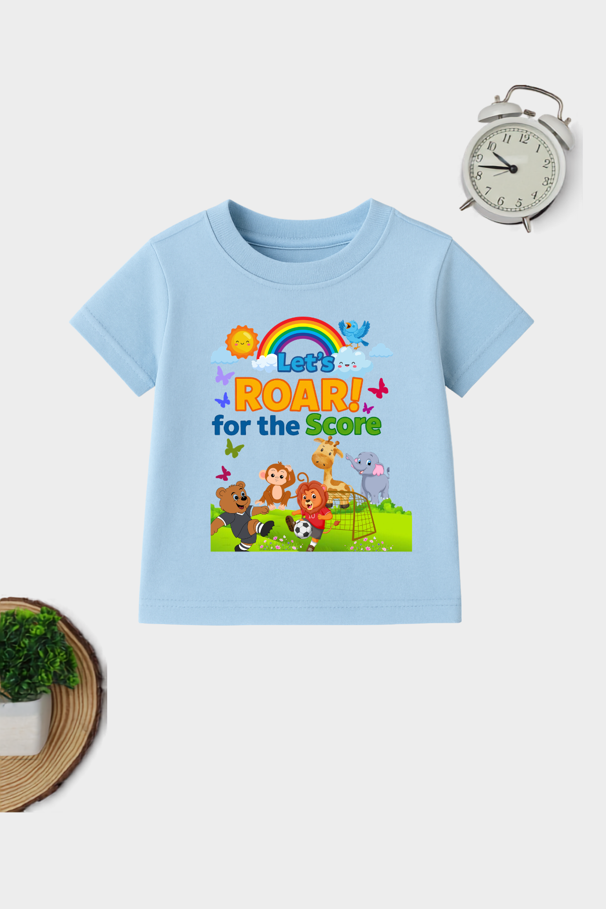 Kids football printed cotton t-shirt with cute jungle animals playing soccer.