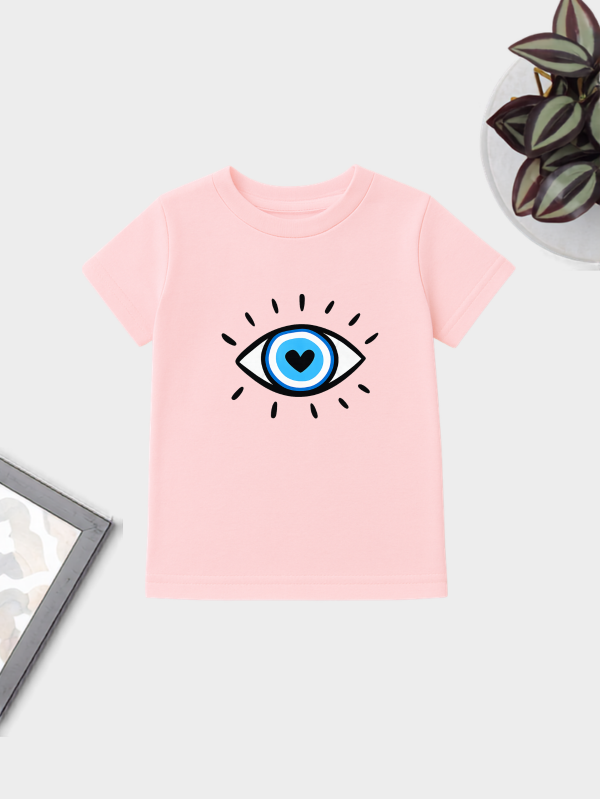 Premium kids cotton t-shirt featuring a minimalist Evil Eye with heart graphic.