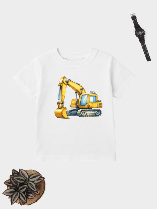 Kids excavator graphic cotton T-shirt with premium HD construction vehicle print.