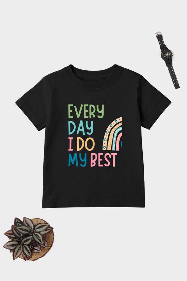 Every Day I Do My Best motivational kids cotton T-shirt with rainbow typography.