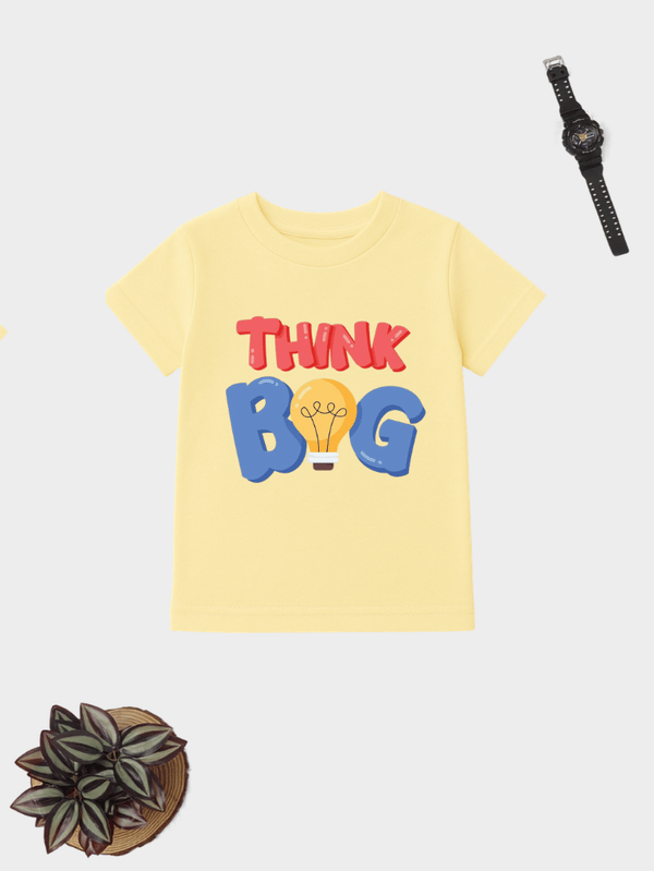 Think Big motivational kids cotton T-shirt with colourful typography graphic.