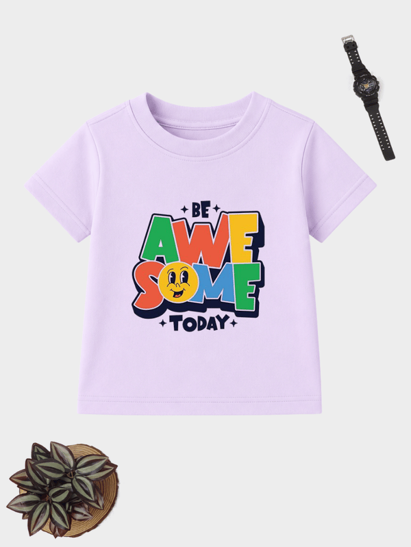 Be Awesome Today colourful motivational kids cotton T-shirt with fun typography.