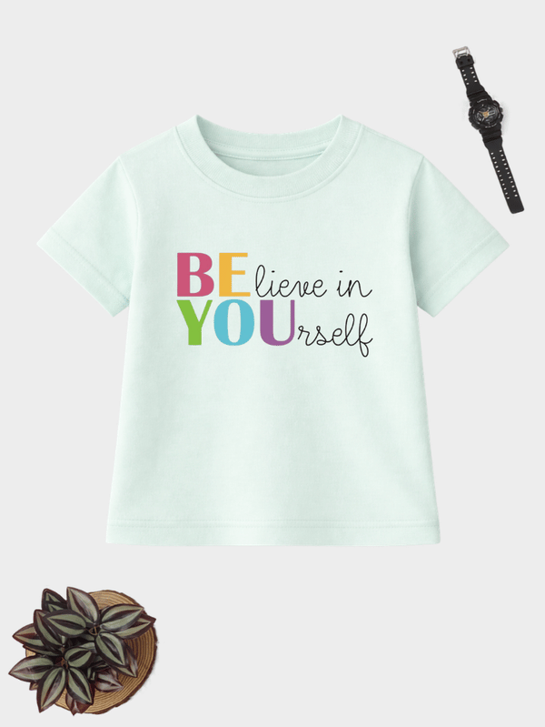 Believe in Yourself motivational typography kids cotton T-shirt with colourful print.