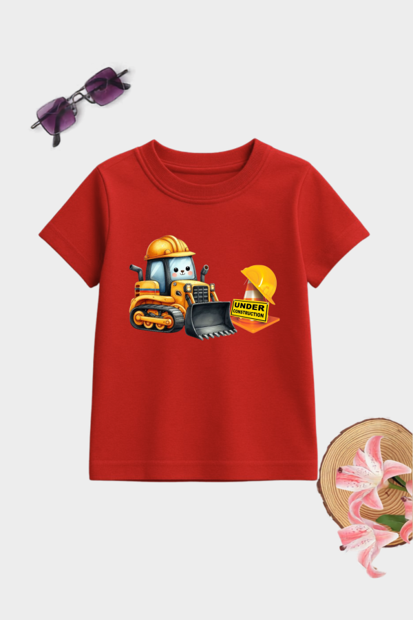 Cute bulldozer under construction kids cotton T-shirt with HD graphic print