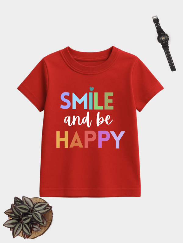 Smile and Be Happy motivational kids cotton T-shirt with colourful typography print.