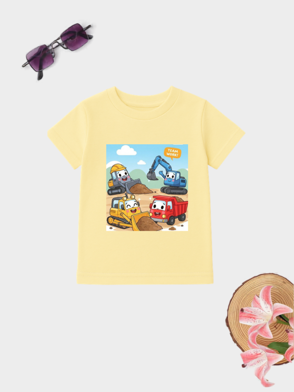 Construction vehicles kids cotton T-shirt with teamwork cartoon graphic print