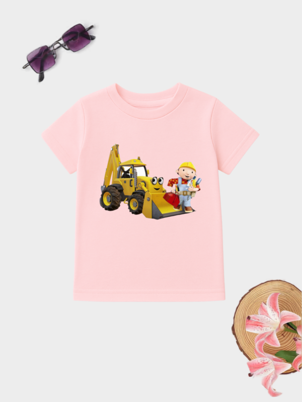 Builder and backhoe kids cotton T-shirt with construction vehicle graphic print