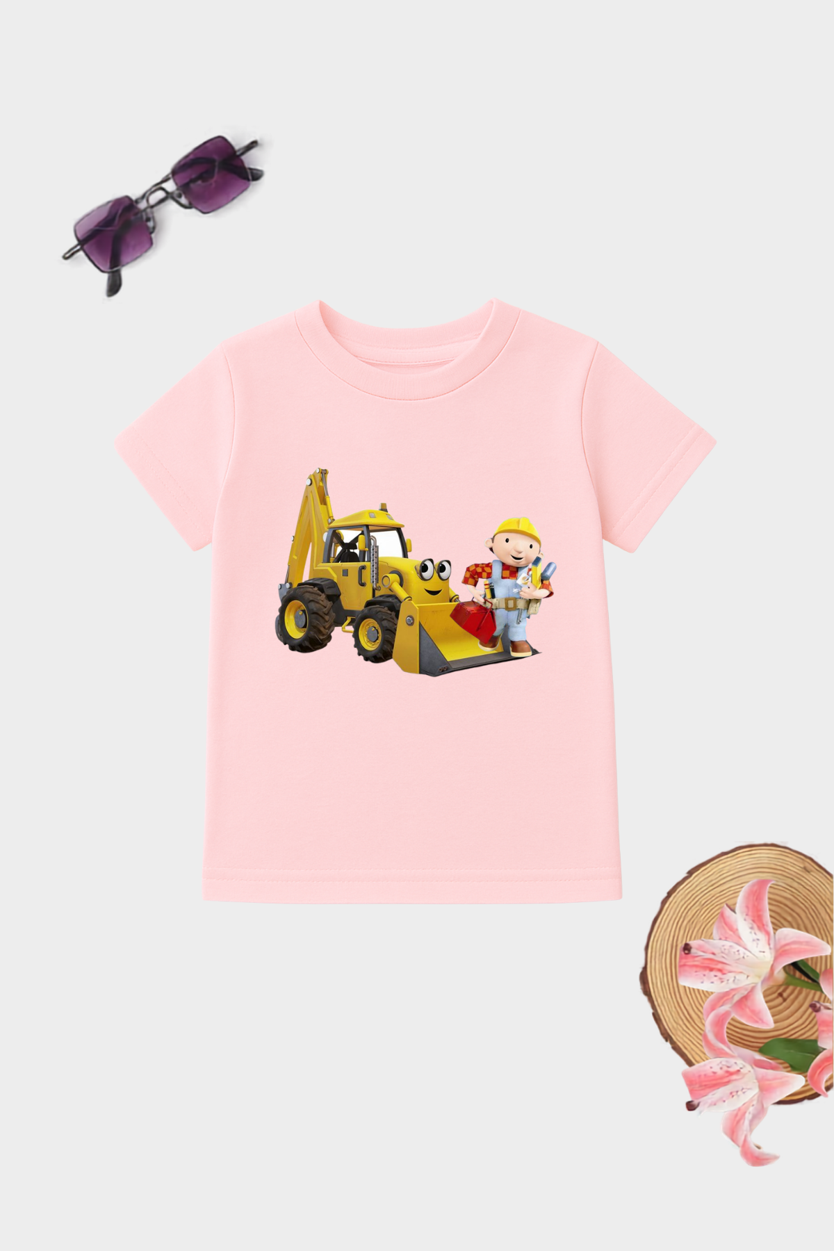 Builder and backhoe kids cotton T-shirt with construction vehicle graphic print