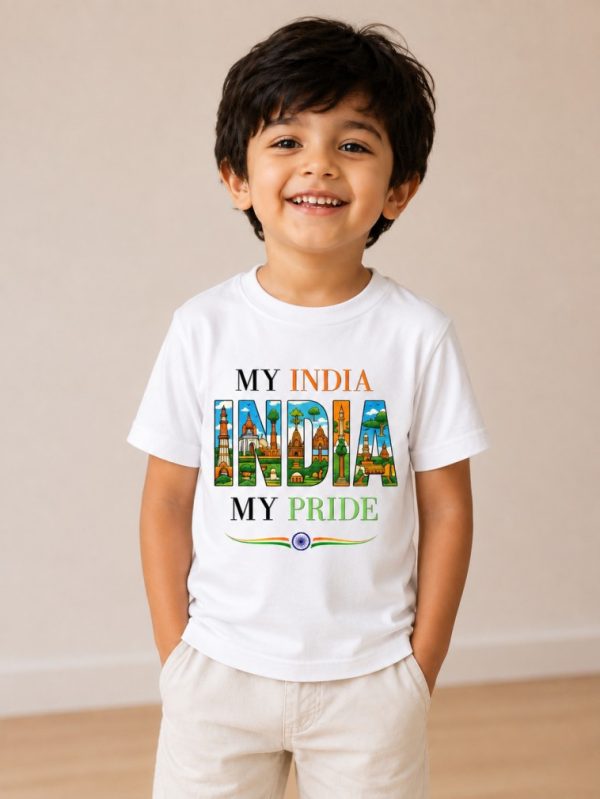 My India My Pride kids unisex cotton t-shirt featuring iconic Indian monuments graphic available in 8 vibrant colors.
