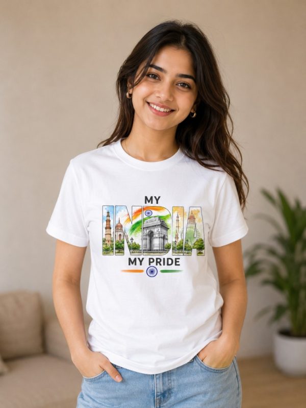 My India My Pride patriotic kids cotton graphic T-shirt featuring Indian landmarks and national flag print.